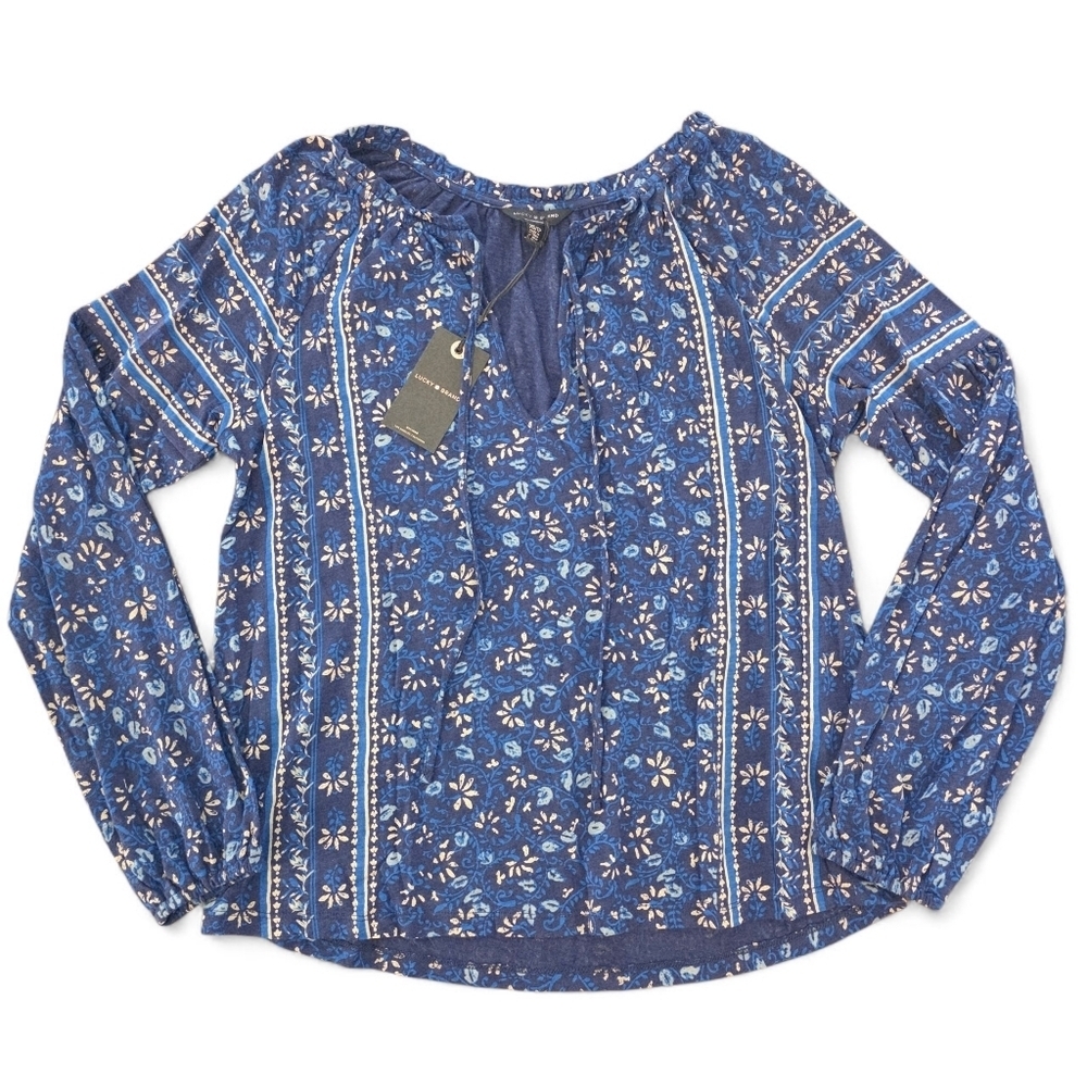 Lucky Brand Blue Floral Peasant Boho Blouse XS Long Sleeve NWT